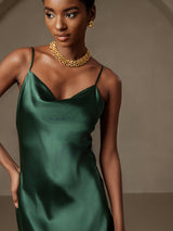 [Donkergroen] SilkSilky-NL Spaghetti Bandjes Waterval Hals Jurk 003