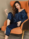 SilkSilky NL Pure Silk Lange Mouw Revers Dames Pyjama Set Donkerblauw 007