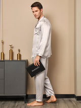 [Grijs] SilkSilky-NL Lange Mouw Notchkraag Heren Pyjama Set 003