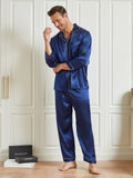 SilkSilky NL 19Momme Pure Silk Lange Mouw Revers Heren Pyjama Set Donkerblauw 001