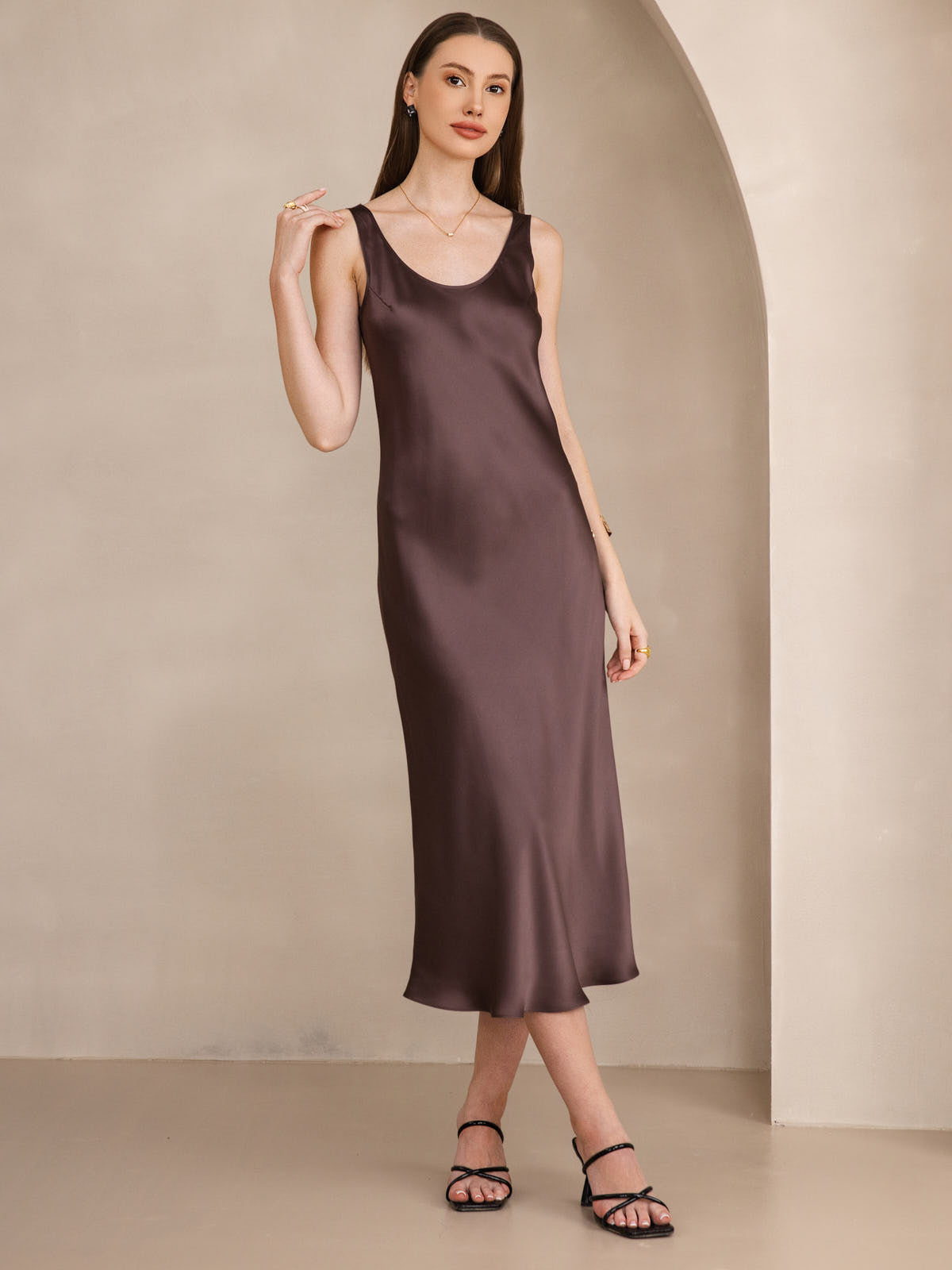[Koffie] SilkSilky-NL Boat Hals Jurk 005