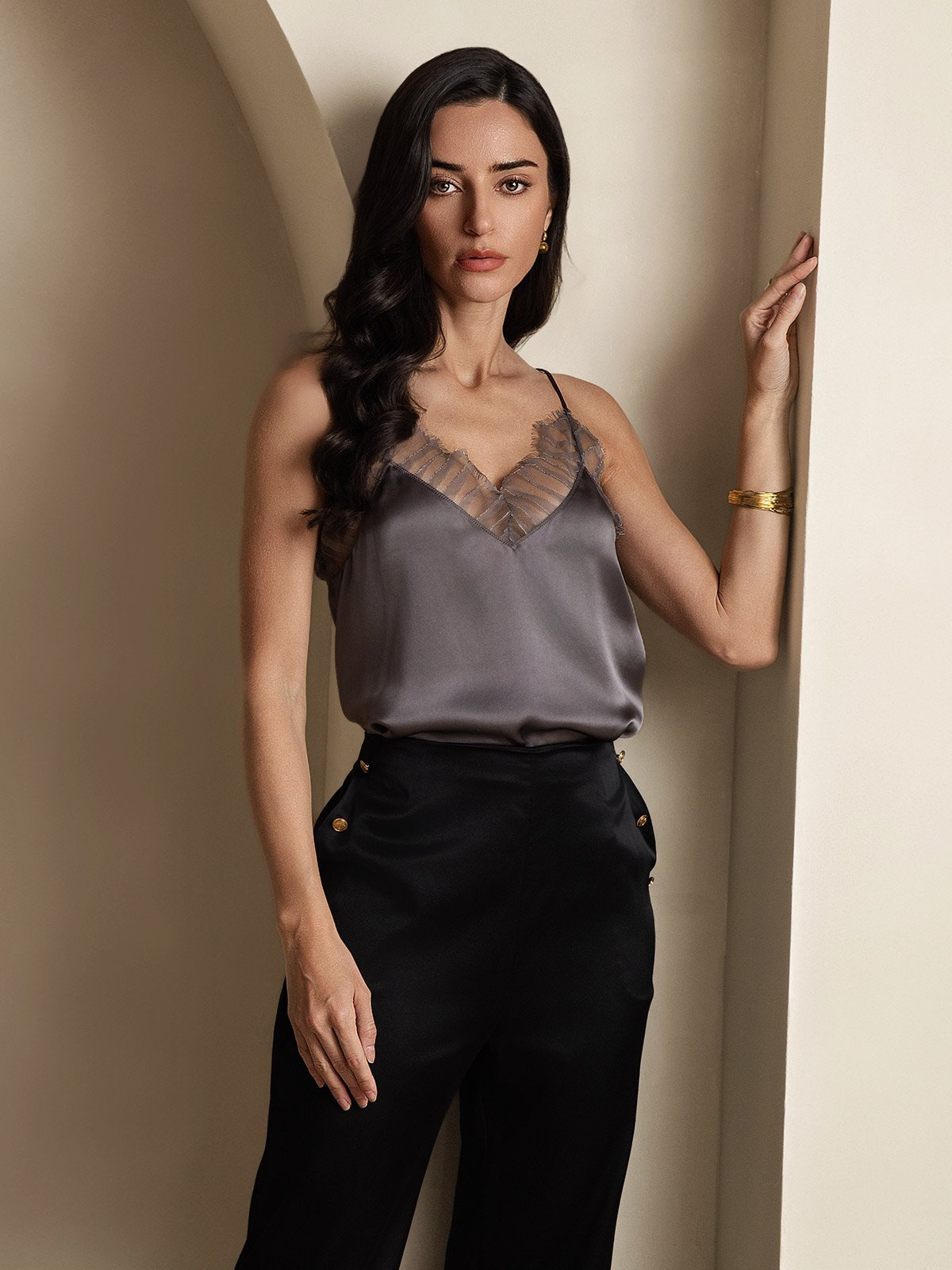 SilkSilky-NL Zijde Diepe V-Hals Cami-Top PaarsGrijs 005