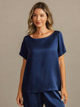 [Donkerblauw] SilkSilky-NL 19Momme Korte Mouw Dames Pyjama Set 007