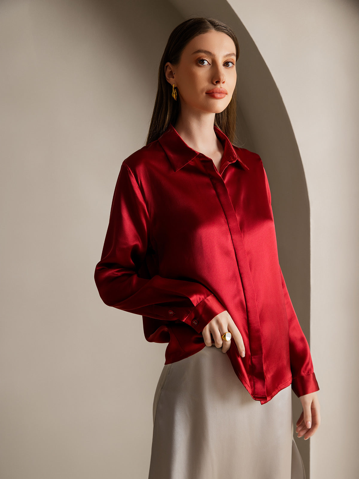 [Wijn] SilkSilky-NL 19Momme Zijde Lapel Collar Dames Blouse 003