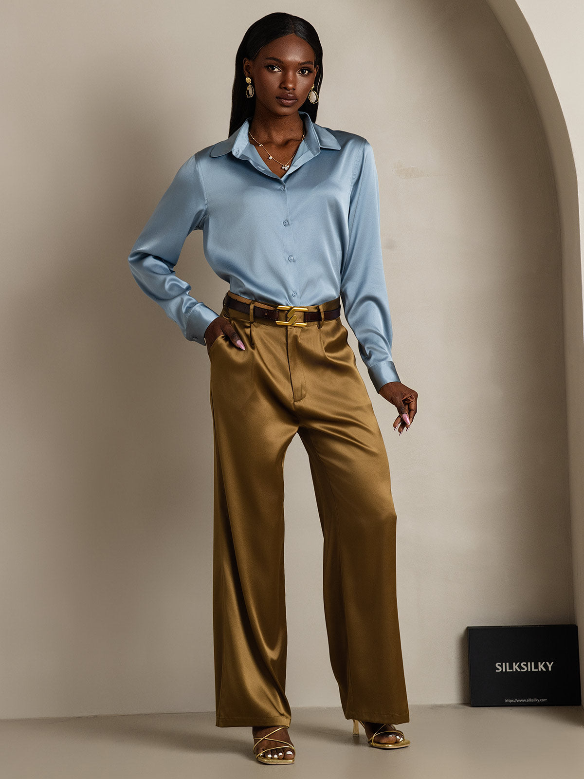 [Grijsachtig Blauw] SilkSilky-NL 19Momme Lange Mouw Reverskraag Dames Blouse 007