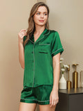 SilkSilky NL Pure Silk Korte Mouw Revers Dames Pyjama Set Groen 001