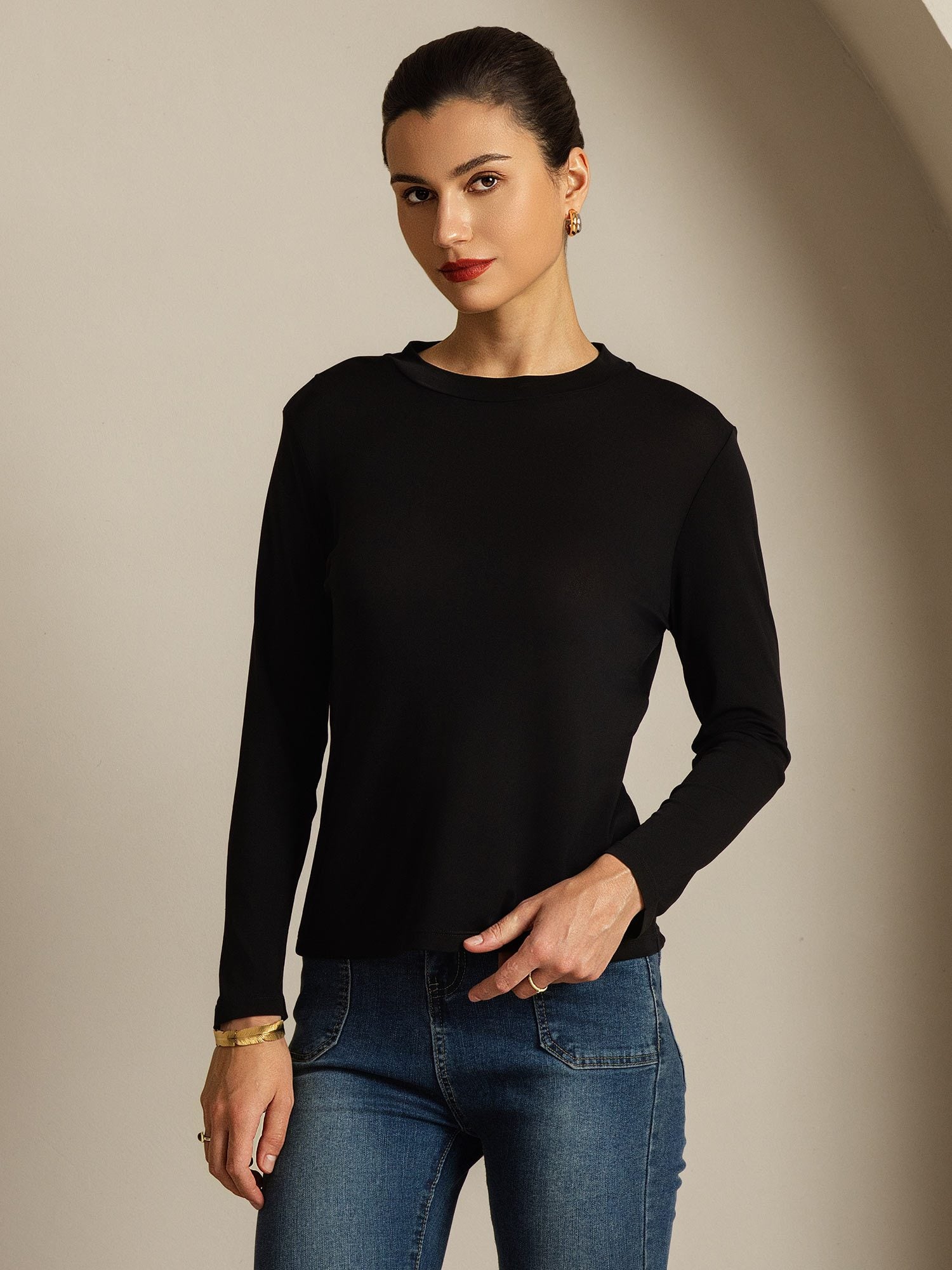 [Zwart] SilkSilky-NL Zijde Ronde Hals Dames T-Shirt 008