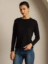 [Zwart] SilkSilky-NL Zijde Ronde Hals Dames T-Shirt 008