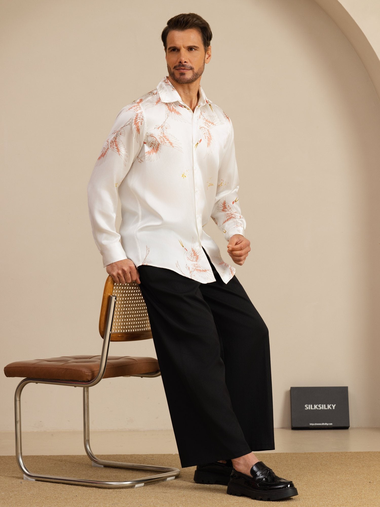 [Wit] SilkSilky-NL 19Momme Lange Mouw Reverskraag Heren Shirt 007