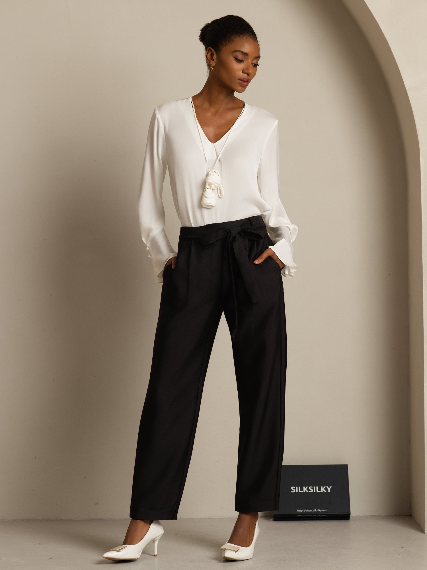 [Wit] SilkSilky-NL 19Momme Zijde Lange Mouw V Hals Blouse 007