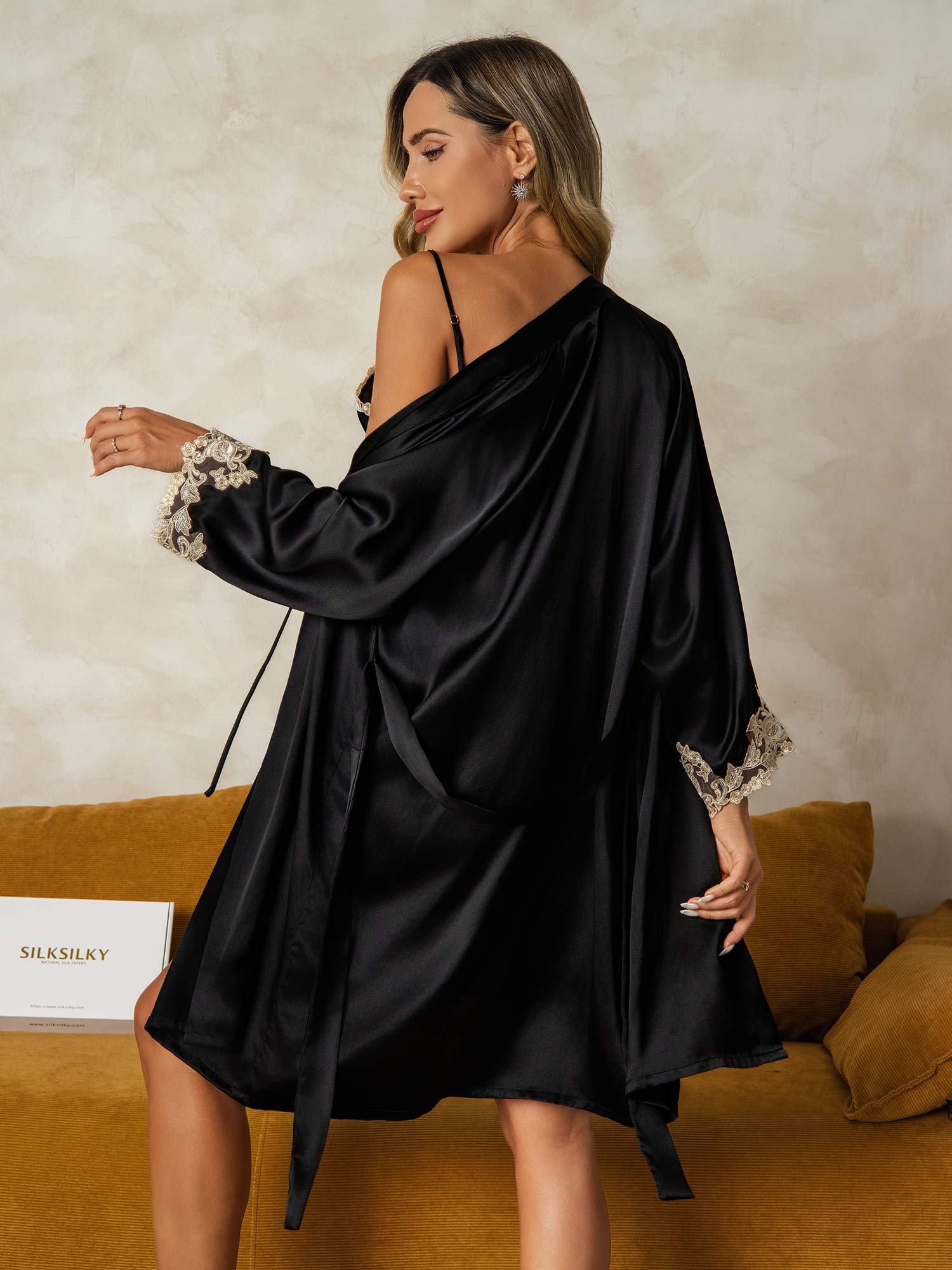 [Zwart] SilkSilky-NL Zijde Nightgown&Robe Set 002