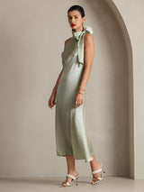 [Lichtgroene] SilkSilky-NL 19Momme Stretch Silk Charmeuse Sleeveless Tie Neck Jurk 006