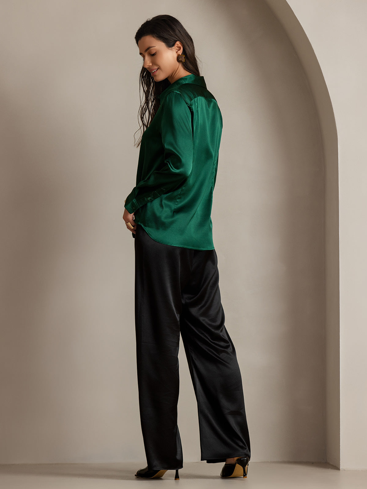 [Donkergroen] SilkSilky-NL Zijde Lange Mouw Kraag Dames Blouse 002