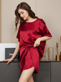 SilkSilky-NL Korte Mouw Ronde Hals Dames Pyjama Set Wijn 003