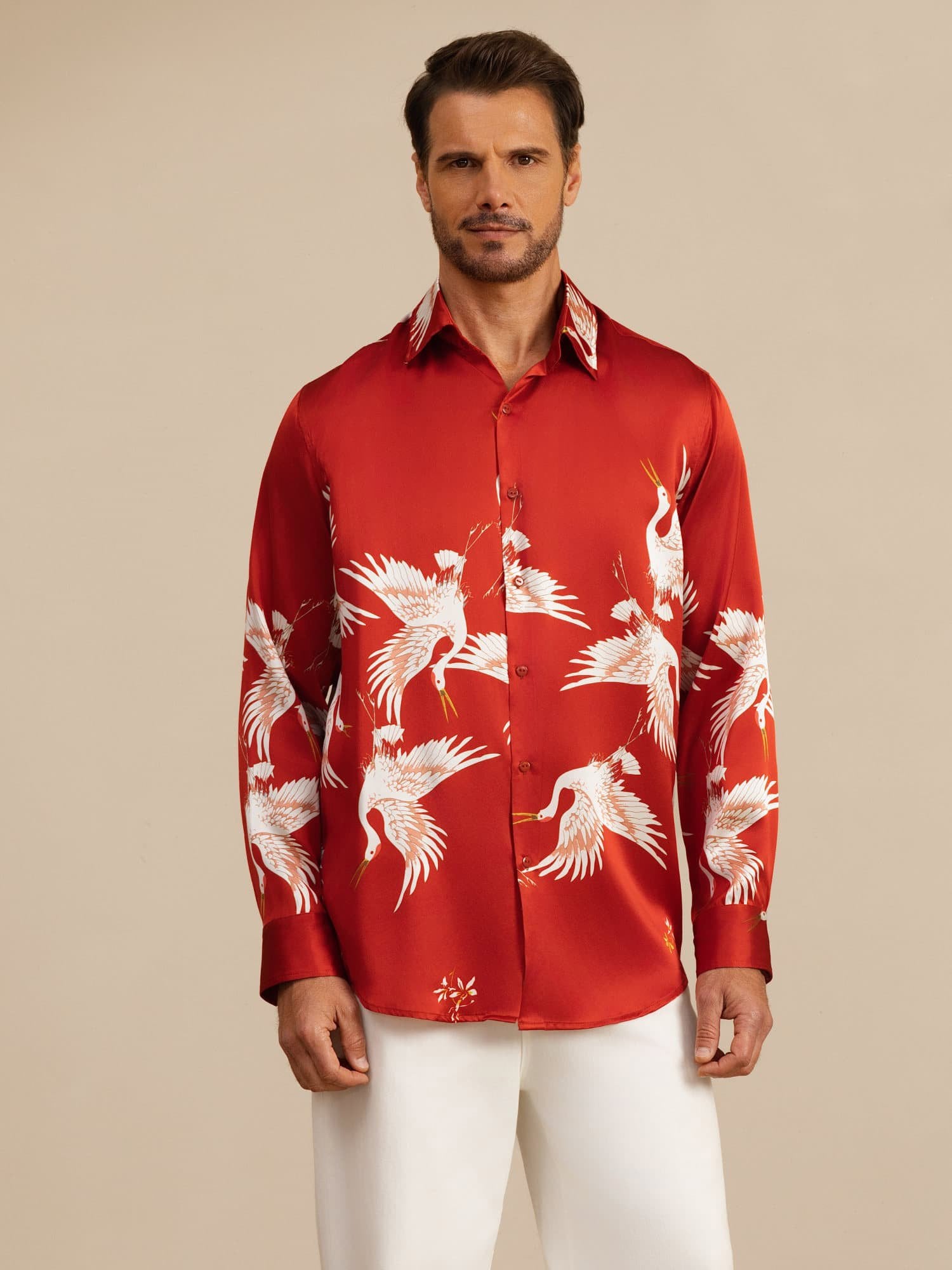 [Wijn] SilkSilky-NL 19Momme Lange Mouw Reverskraag Heren Shirt 005