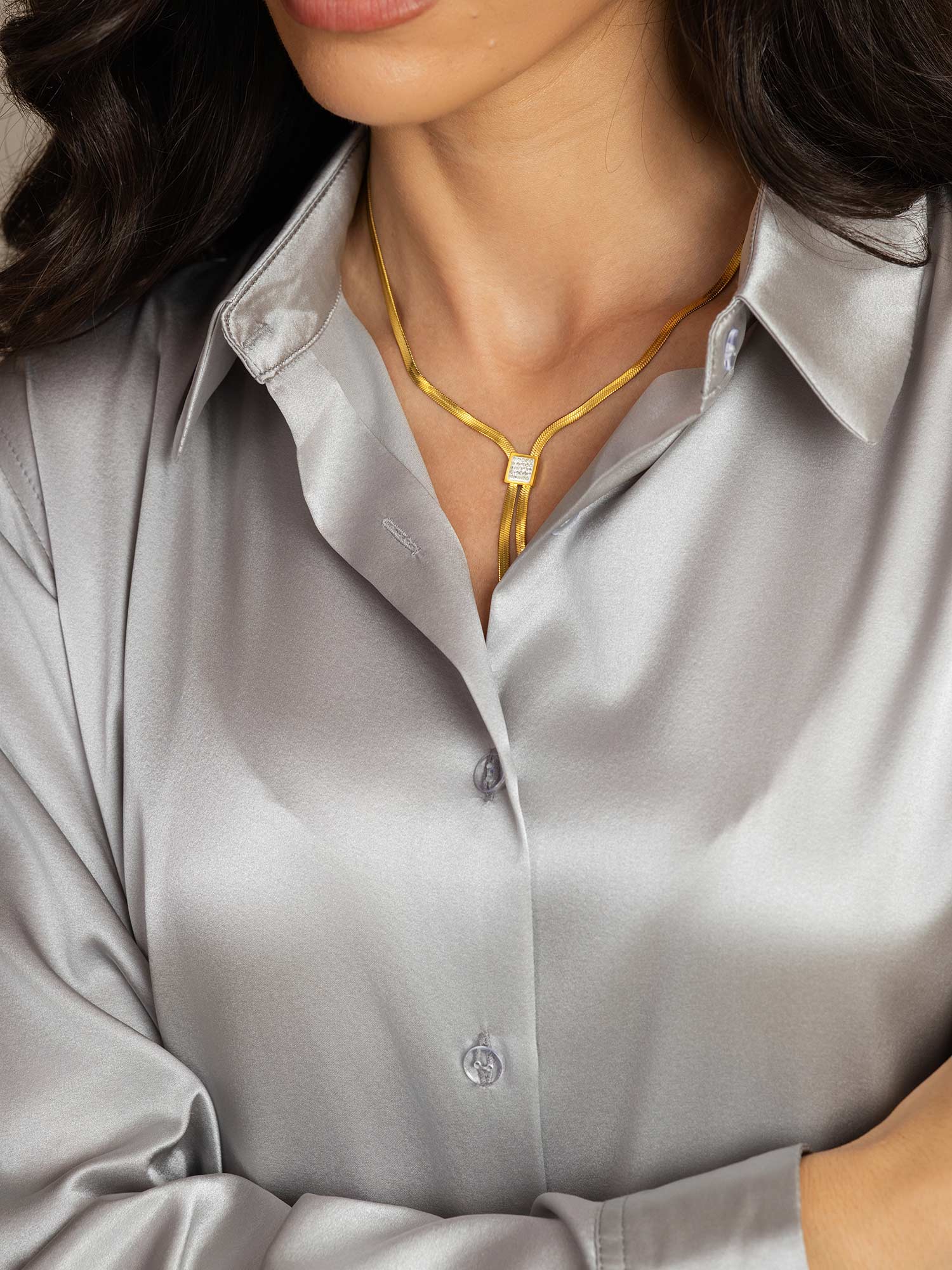 [Lichtgrijs] SilkSilky-NL Zijde Lange Mouw Kraag Dames Blouse 009