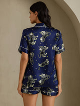 [Marineblauwe Leeuw] SilkSilky-NL Short Sleeve Notch Collar Dames Pyjama Set 002