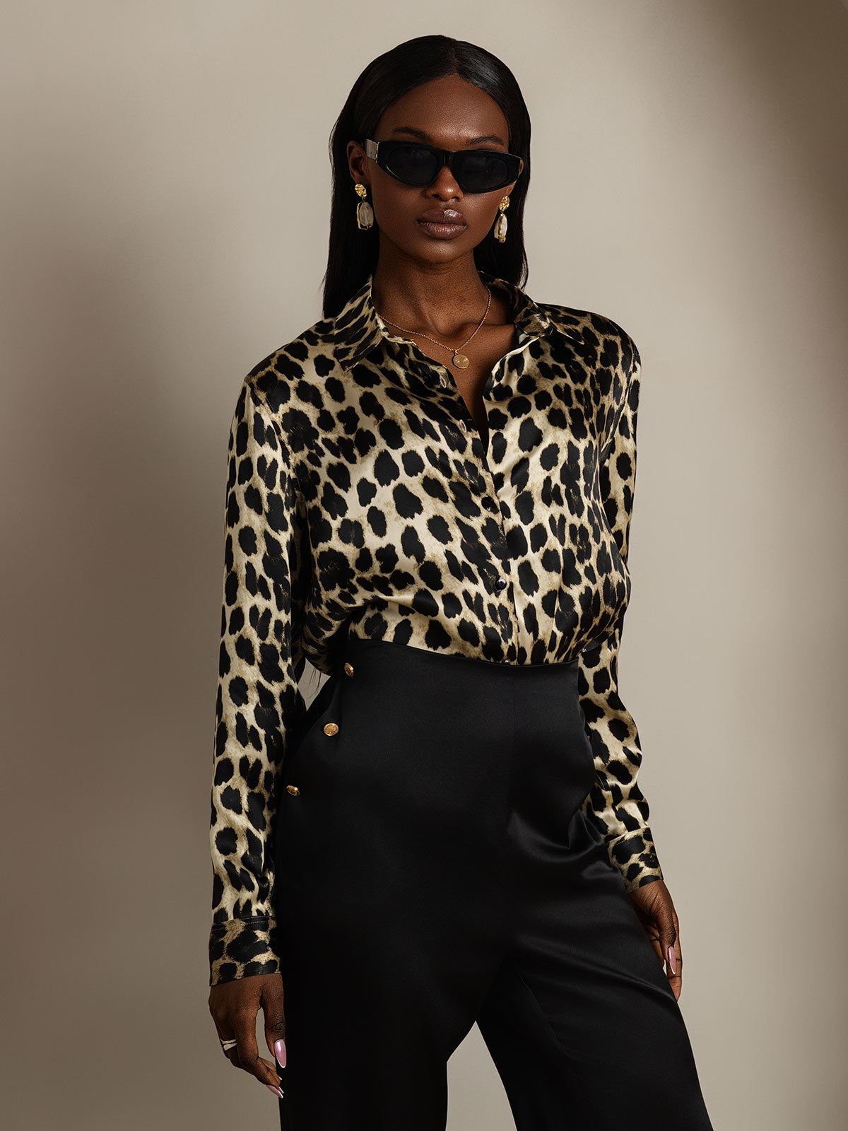 SilkSilky-NL Zijde Lange Mouw Kraag Dames Blouse Leopard 004