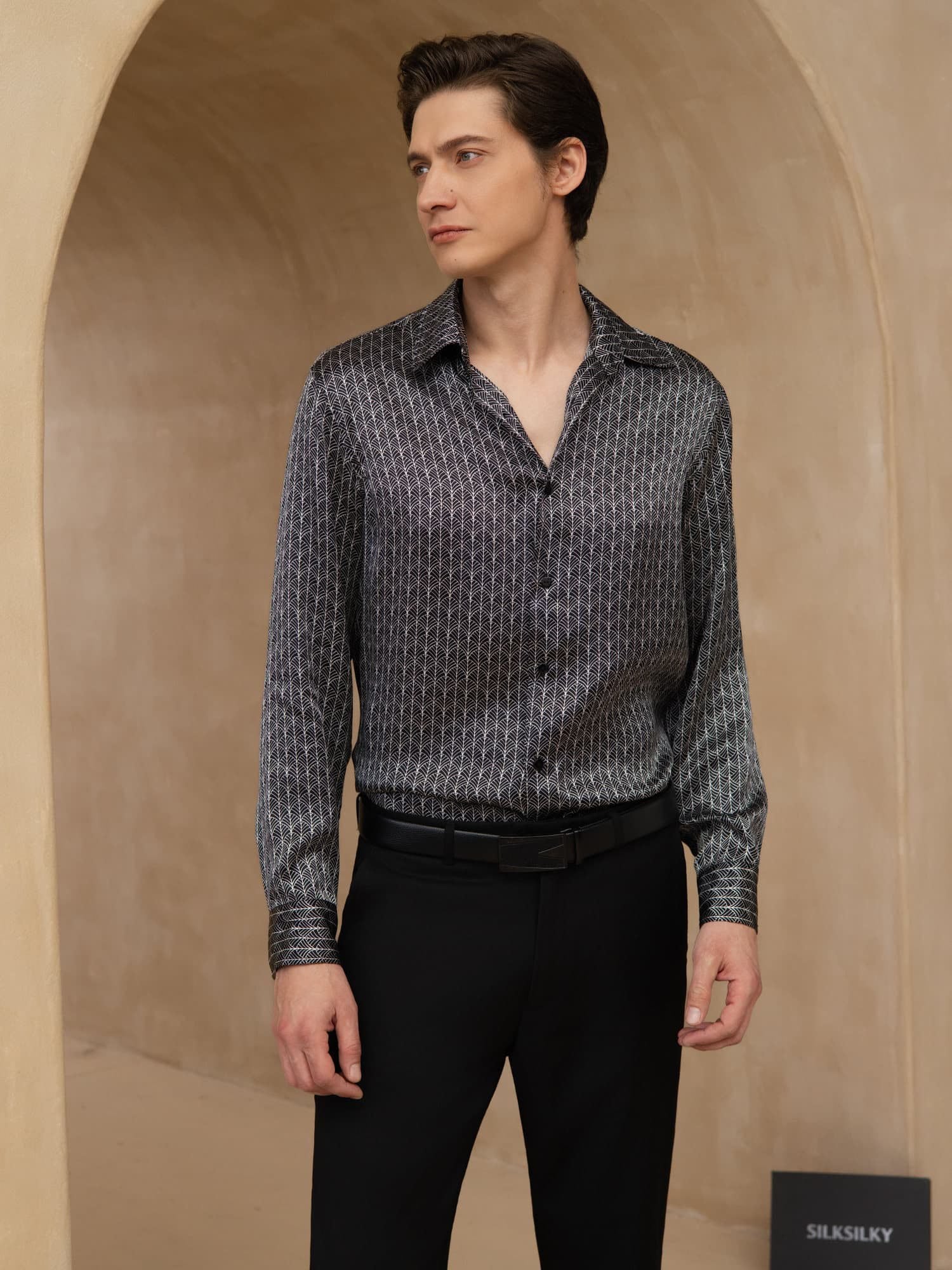 [Zwarte Ginkgo] SilkSilky-NL Lange Mouw Reverskraag Heren Shirt 005