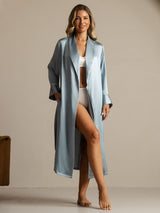 [Grijsachtig Blauw] SilkSilky-NL Zijde Kraag Dames Kamerjas 008,
