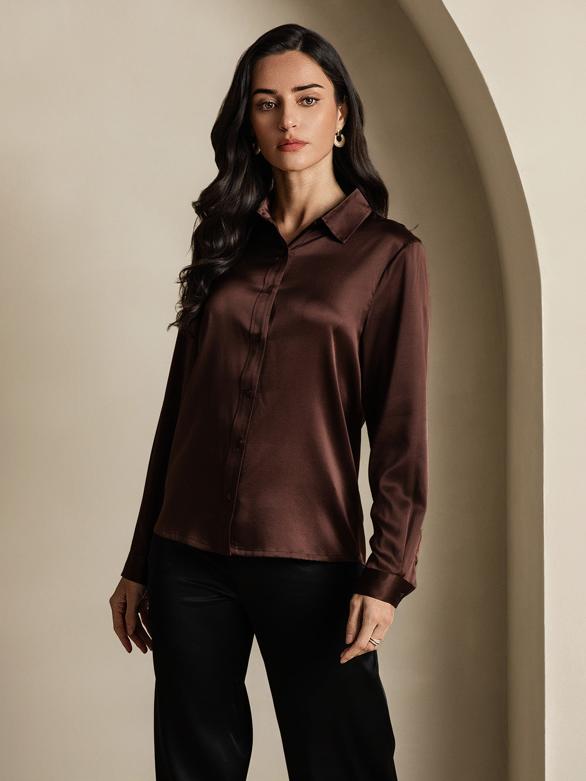 SilkSilky-NL 19Momme Zijde Lange Mouw Kraag Dames Blouse Koffie 003