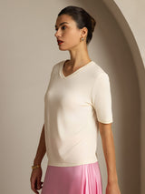 [Beige] SilkSilky-NL Korte Mouw V Hals Dames T-Shirt 006
