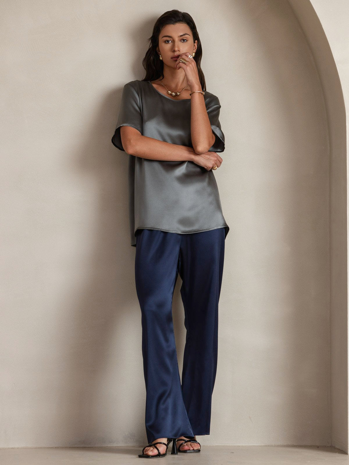 SilkSilky-NL Korte Mouw Ronde Hals Dames T-Shirt Donkergrijs 005