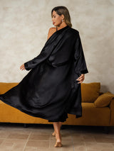 [Zwart] SilkSilky-NL Long Sleeve V Neck Nachthemd&Kamerjas Set 002