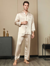 [Tan] SilkSilky-NL Pure Silk Lange Mouw Revers Heren Pyjama Set 003
