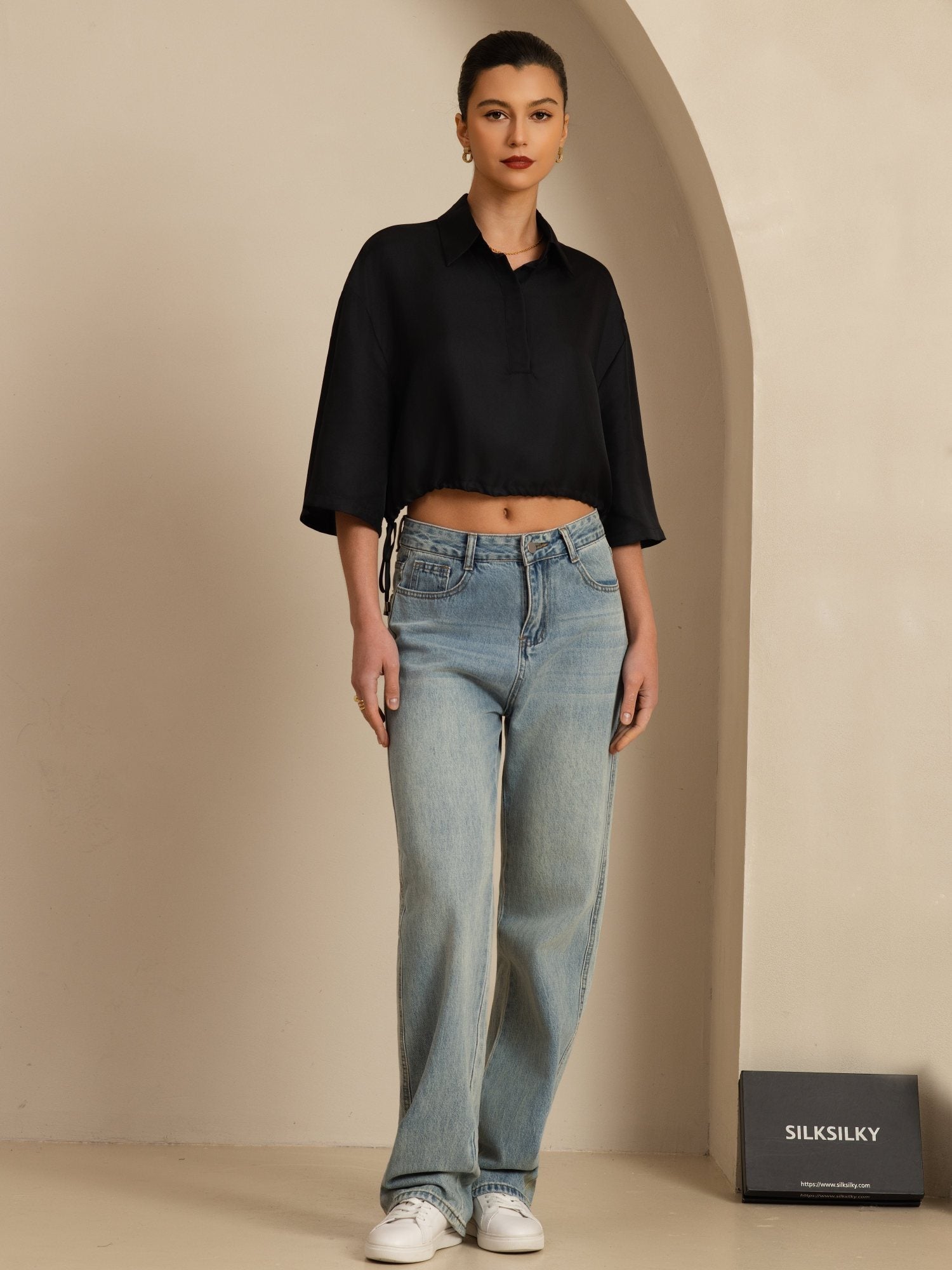 [Zwart] SilkSilky-NL 18Momme Halve Mouw Reverskraag Blouse 006