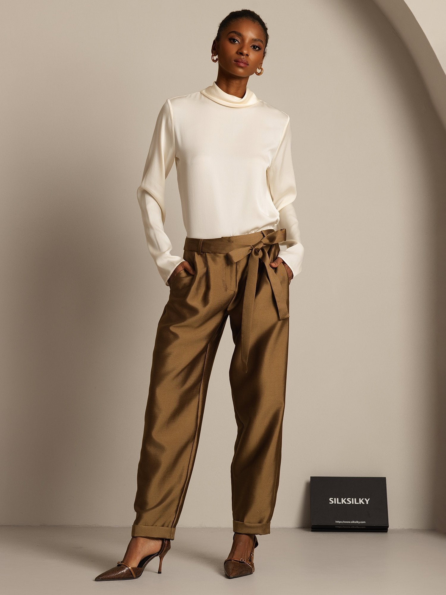 [Brons] SilkSilky-NL 32Momme Silk-Wool Blend Womens Pants 003,