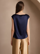 [Donkerblauw] SilkSilky-NL Cap Sleeve Cowl Neck Dames T-Shirt 002
