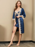 SilkSilky NL Pure Silk 3/4 Mouw Nightgown&Robe Set Blauw 002