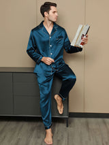 [Koningsblauw] SilkSilky-NL Lange Mouw Notchkraag Heren Pyjama Set 001