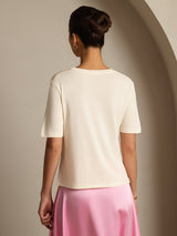 [Beige] SilkSilky-NL Korte Mouw V Hals Dames T-Shirt 002