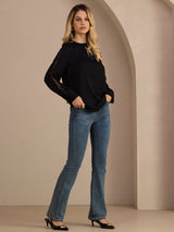 [Zwart] SilkSilky-NL Long Sleeve Keyhole Neck Blouse 007