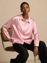 [Roze Streep] SilkSilky-NL Long Sleeve Lapel Collar Dames Blouse 009