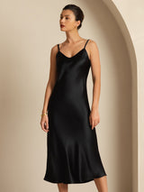 [Zwart] SilkSilky-NL Spaghetti Strap V Neck Jurk 006
