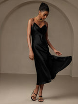 [Zwart] SilkSilky-NL Spaghetti Bandjes Waterval Hals Jurk 005