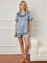 [Staal Blauw] SilkSilky-NL Korte Mouw Notchkraag Dames Pyjama Set 003
