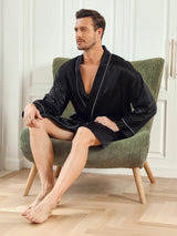 [Zwart] SilkSilky-NL Pure Silk 3/4 Mouw Mens Robe 007
