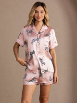 [Roze Zebra] SilkSilky-NL Short Sleeve Lapel Collar Dames Pyjama Set 001