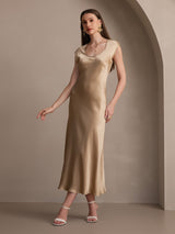 [Champagne] SilkSilky-NL Kapmouwtjes Diepe Ronde Hals Jurk 006
