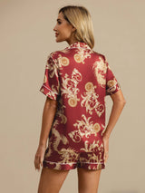 [Wijnrode Draak] SilkSilky-NL Korte Mouw Notchkraag Dames Pyjama Set 002