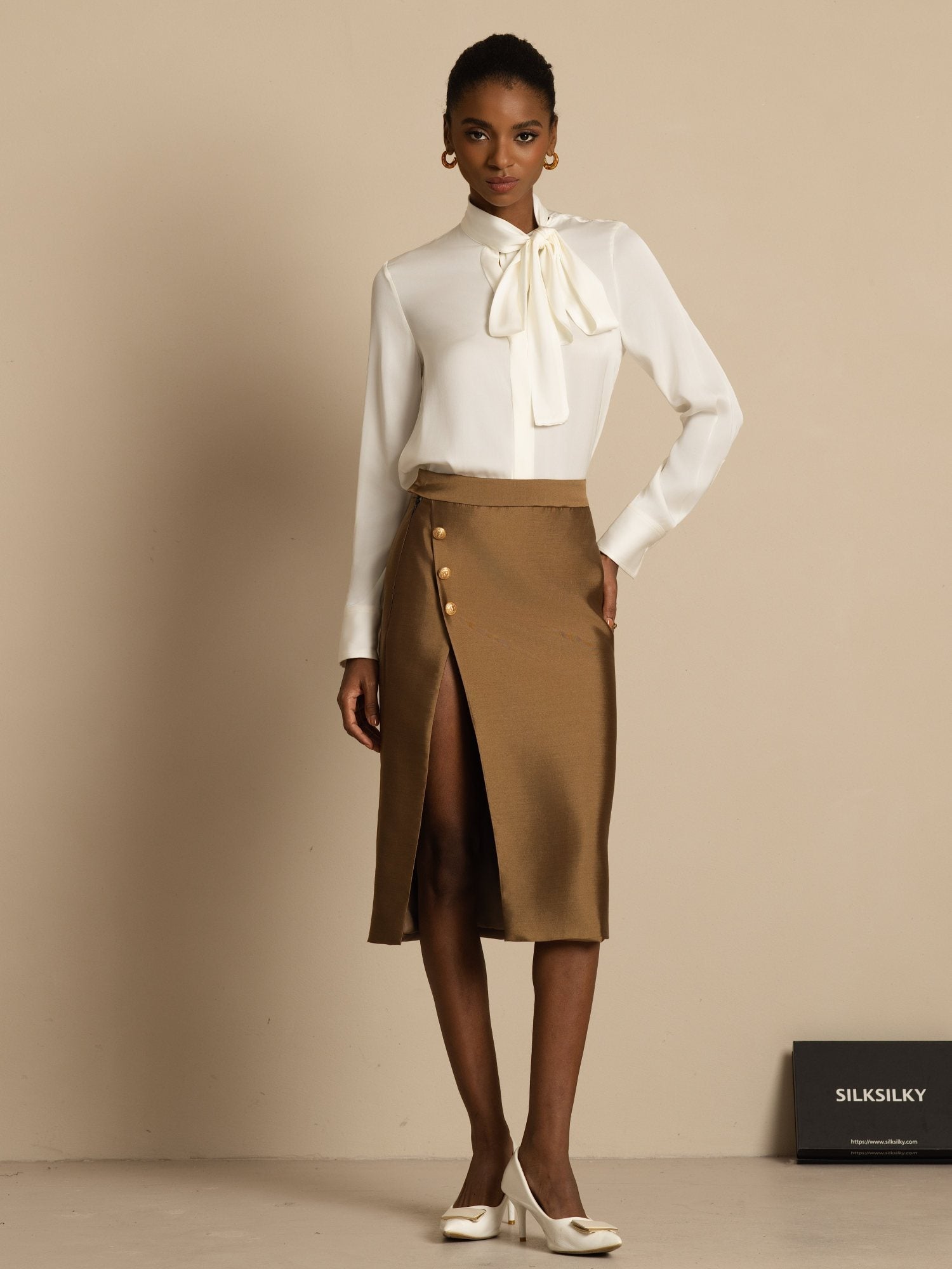 [Wit] SilkSilky-NL 19Momme Lange Mouw Strikhals Blouse 002
