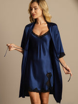 [Donkerblauw] SilkSilky-NL Halve Mouw V Hals Nachthemd&Kamerjas Set 006