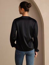 [Zwart] SilkSilky-NL Long Sleeve Split Blouse 002