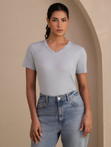 [Grijsachtig Blauw] SilkSilky-NL Short Sleeve V Neck Dames T-Shirt 003