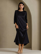 [Zwart] SilkSilky-NL 3/4 Sleeve Round Neck Jurk 004