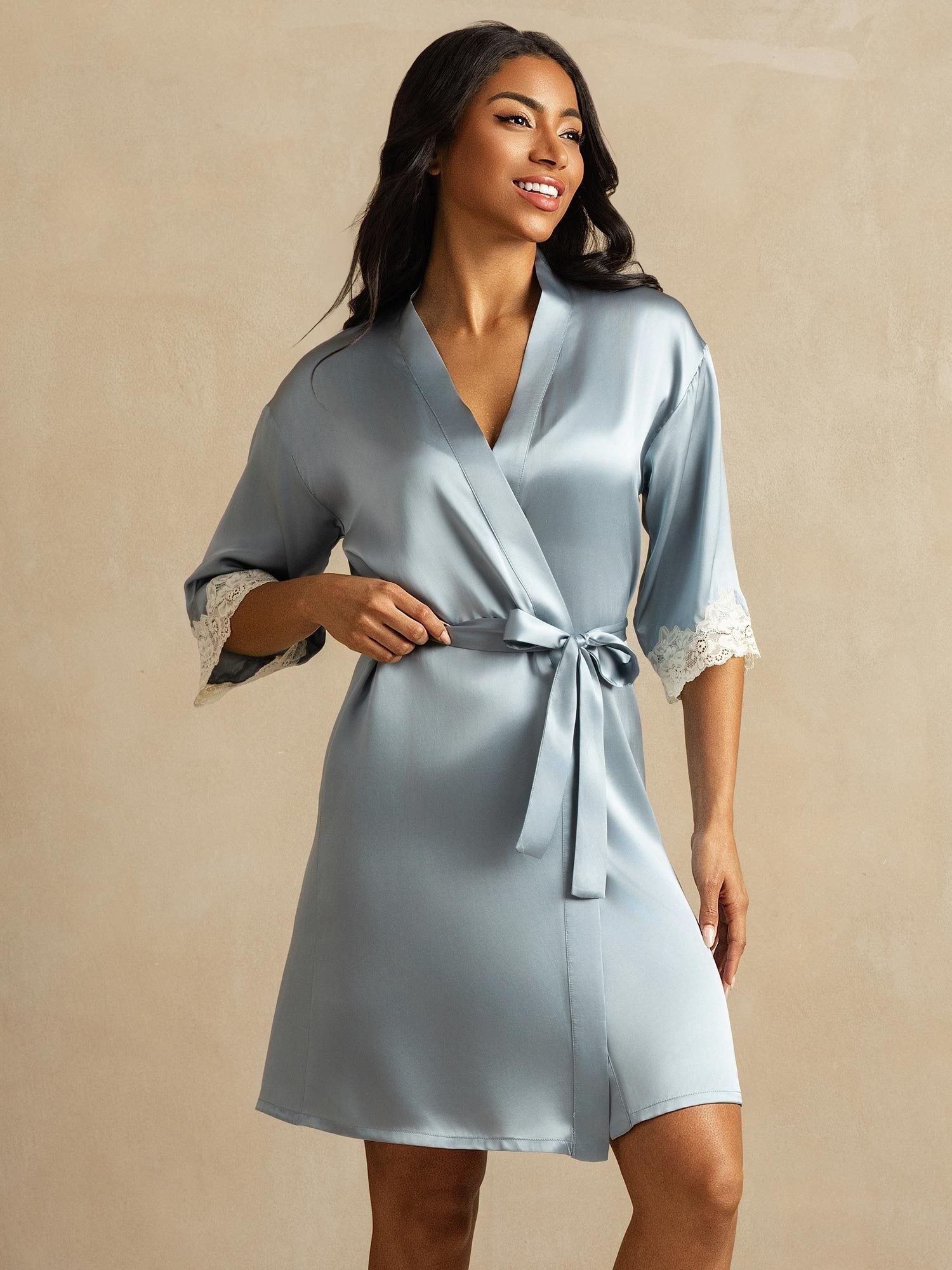 [Grijsachtig Blauw] SilkSilky-NL Zijde Womens Robe 001